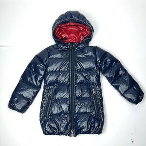 DUVETICA Toddler Girl Soft  Down Puff Coat with Hood Deep Blue Red Lining Sz 2